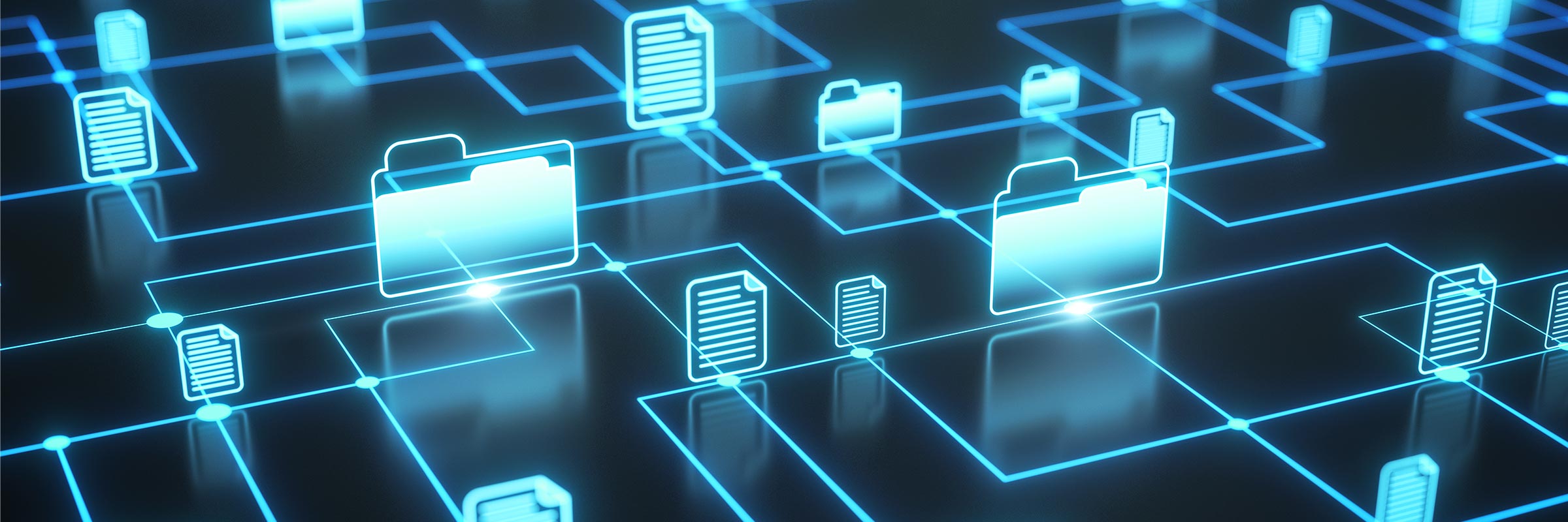 Digital illustration of document and folder icons connected by lines, symbolizing data storage and management, representing CLiQ SwissTech's technical downloads page for product information and data sheets.